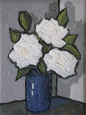DAVID BARNES - white roses and a blue vase