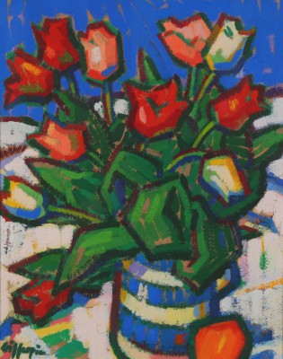 JOAN GILLESPIE - tulips in a blue and white jug