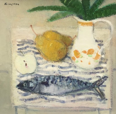 JOHN KINGSLEY - fish and fruit on a striped cloth