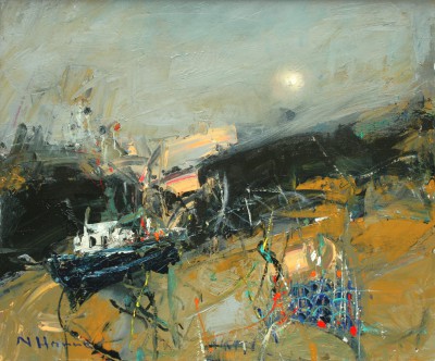 Scottish Artist NAEL HANNA - Foggy Moon with Fishing Boat