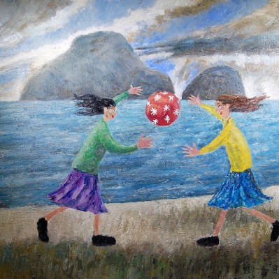 Two Ladies Playing Ball on the Beach 