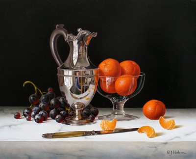 ROY HODRIEN - silver flagon with black grapes and mandarins