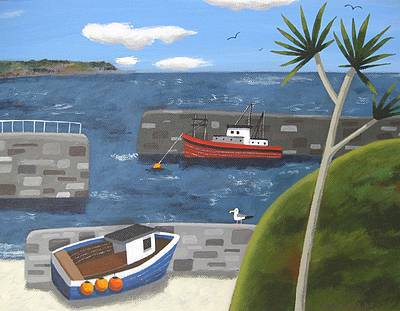 SOPHIE HARDING - boats, harbour walls and palm tree