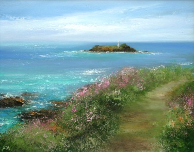 AMANDA HOSKIN - view across st ives bay, and the lighthouse on godrevy island